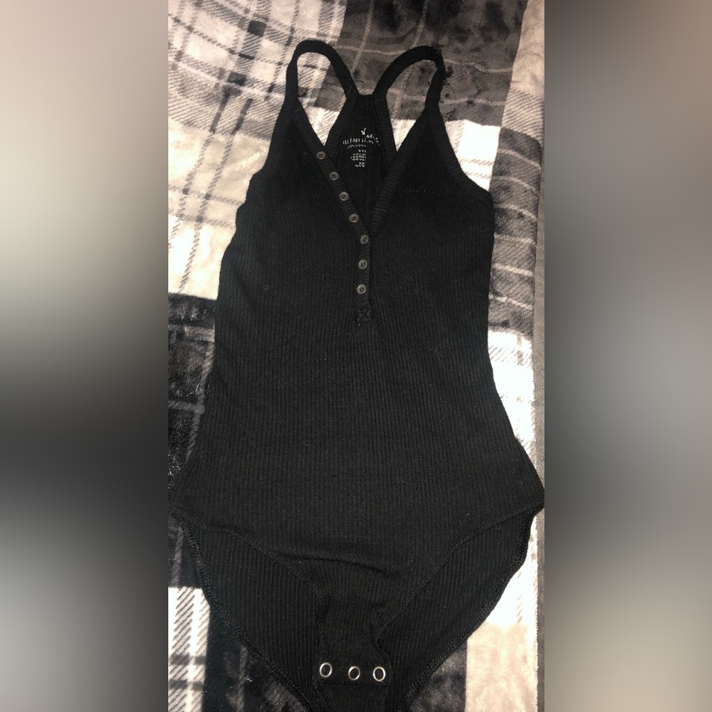 American Eagle Outfitters Black Ribbed Snap-Crotch Bodysuit